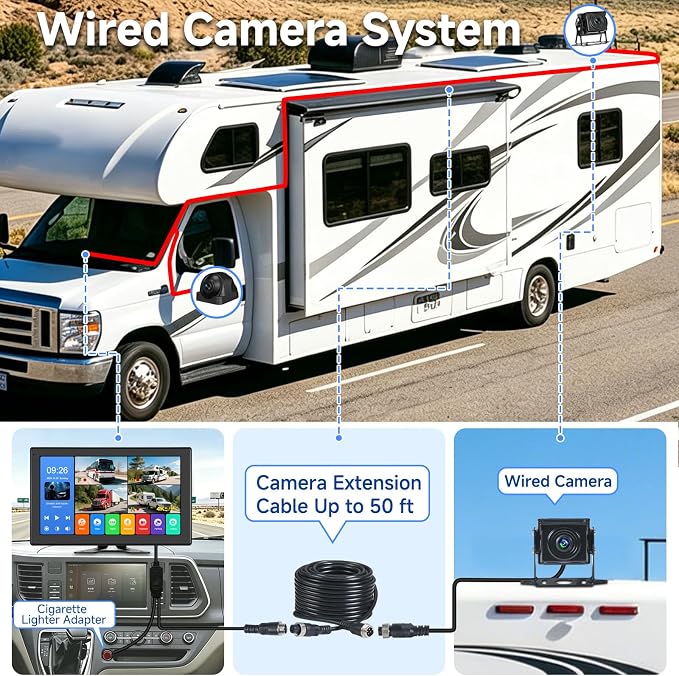 10.1 Inch 4K Touch Screen Wired RV Backup Camera System | 1080P IP69 Waterproof Camera, 4CH DVR Loop Recording & Bluetooth. For Semi Truck, Trailer, Camper, Pickup, Bus, RV
