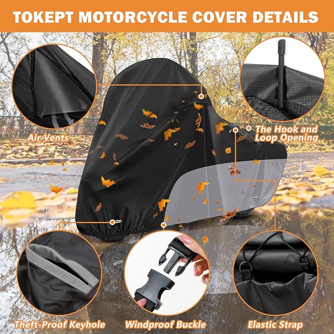 Motorcycle Cover for Touring Models Harley Davidson Road King Road Glide Street Glide Electra Glide Low Rider-ST Indoor & Outdoor All Weather Protection with Vents (Black&Grey)