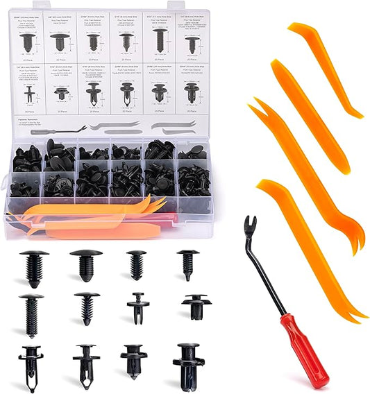 NEIKO 50550A Retainer Clips Assortment, 245pc Automotive Fasteners, Car Bumper Clip for Fender Liner, Door Panel Plastic Clips, Plastic Rivets, Trim Removal Pry Bar Tool, GM, Toyota, Ford, Honda
