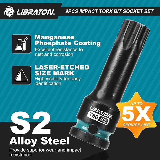 LIBRATON Impact Torx Bit Socket Set, 1/2" Drive, S2 Steel, 9PCS Impact Star Bit Socket Set (T30-T80), High Impact Torx Sockets, XPE Storage, Professional Mechanic and Automotive Repair