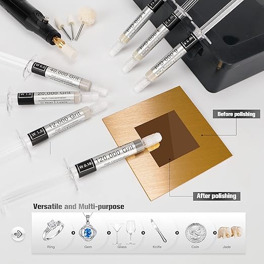 Tryuunion 40 Pcs Diamond Paste Polishing Kit with 32 Grinding Buffing Bits, 8 Oil Based Lapping Compound 1,500- Ultra Fine 120,000 Grit with Box for Metal/Coin/Stone/Jewelry/Ring Polishing