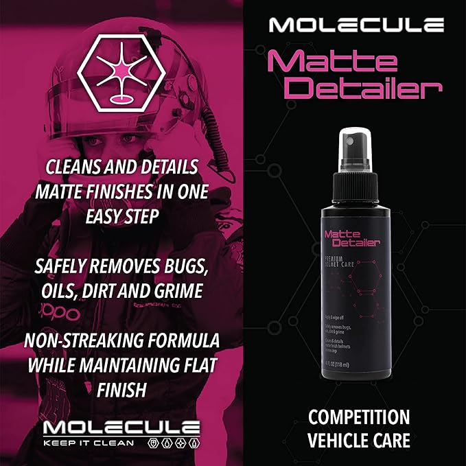 Molecule Matte Helmet Care Kit | Premium Helmet Care | Includes Anti-Fog, Matte Detailer, Refresh, Rain Repel | Cleans and Details Matte Finish Helmets, Visors, and Goggles | 4 Ounce (1 Kit)