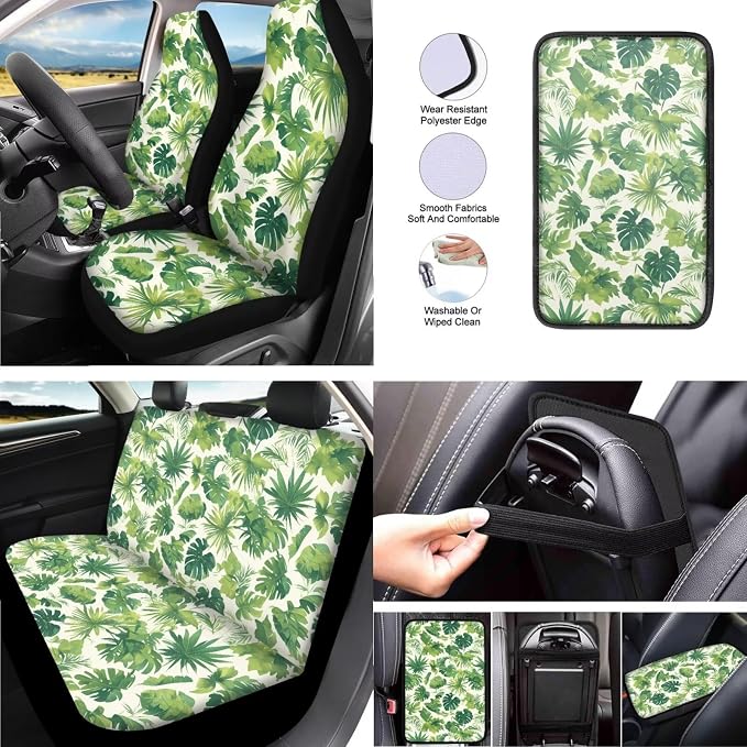 Monstera Universal Car Seat Covers 13 Set, Tropital Palm Leaf Car Accessories for Front Rear Seat Cover, Green Ocean Island Plants Steering Wheel Cover Seat Belt Pads