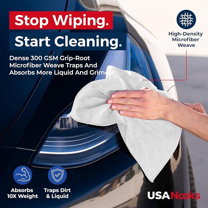USANOOKS Microfiber Cleaning Cloth - White - 8Pcs (12.5x12.5 inch) High Performance - 1200 Washes, Ultra Absorbent Car Towel Traps Grime & Liquid for Streak-Free Mirror Shine - Car Washing Cloth