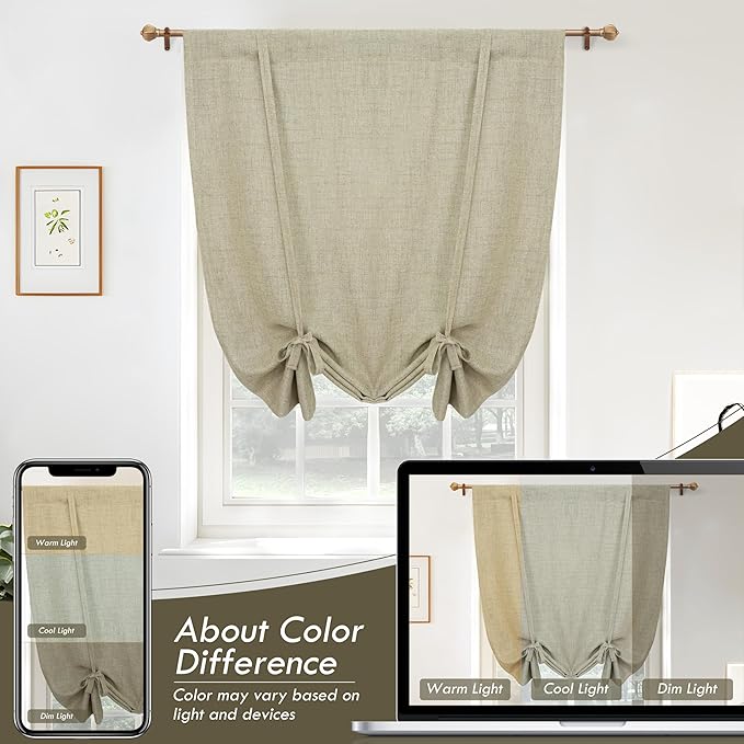 DriftAway Double Layer Linen Blackout Tie Up Curtains Thermal Insulated Fully Lined Balloon Roman Shade Bathroom Window Adjustable Rod Pocket for Small Window 39 Inch by 55 Inch Light Khaki Linen