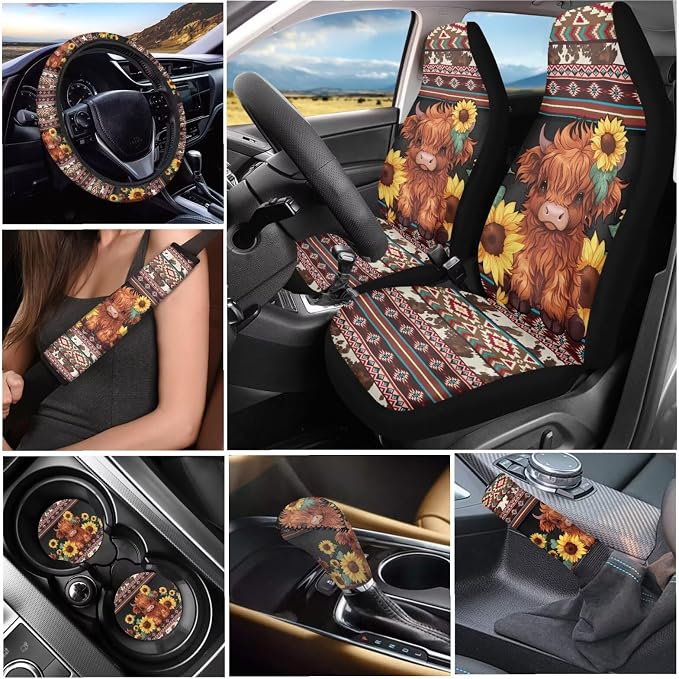 Tupalatus Boho Highland Cow 9 Pcs Car Seat Covers Front Set for Women Breathable Steering Wheel Cover Seat Belt Pads Cover Coasters Gear Shift Hoodie Handbrake Cover Car Accessories