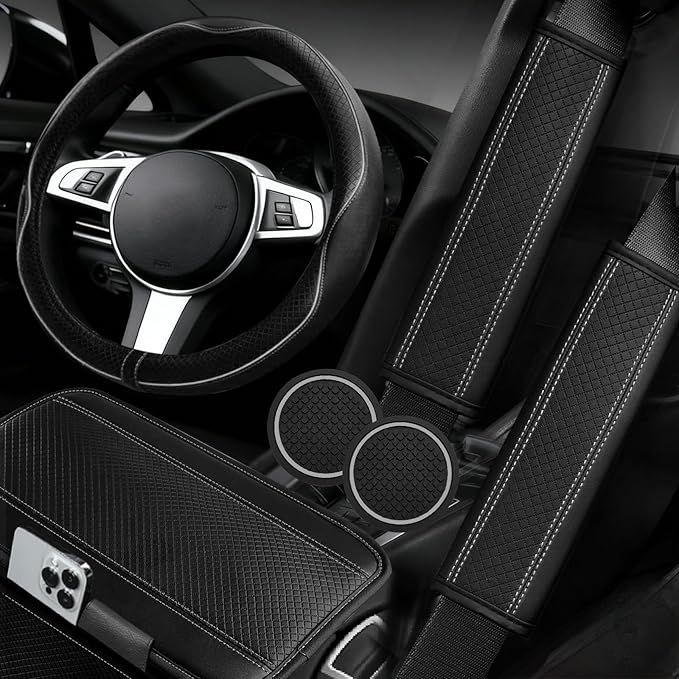 NBTEPEM 6 PCS Car Steering Wheel Cover Set, Microfiber Leather Steering Wheel Covers Universal 14.5-15 inch, Center Console Cover, Seat Belt Cushion, Cup Coaster, Car Accessories Set Black Grey