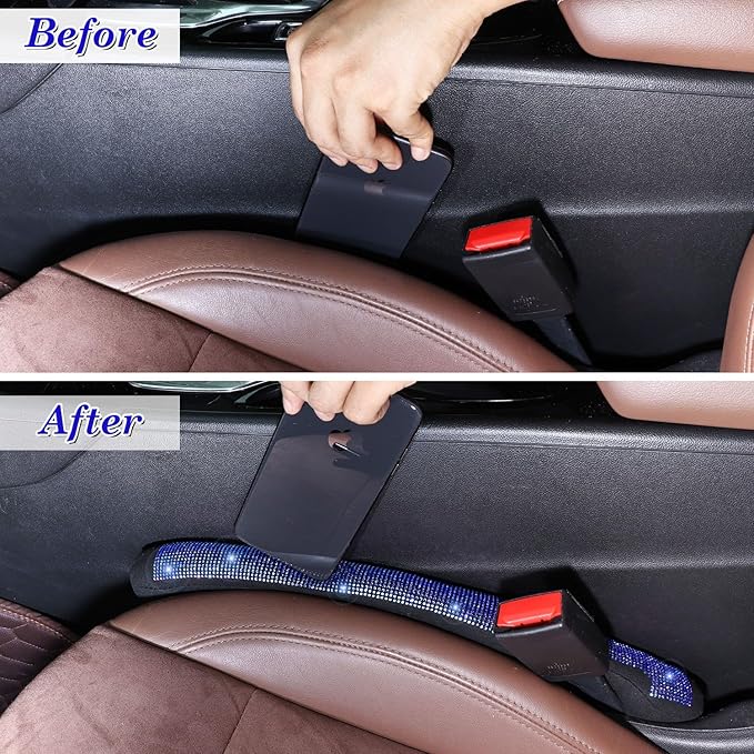 ToBeQueen Blue Car Seat Gap Filler 2 Pack, Universal Fit for Car SUV Truck, Handmade Crystal Diamond Rhinestone Royal Blue Bling Car Accessories for Women(Blue)