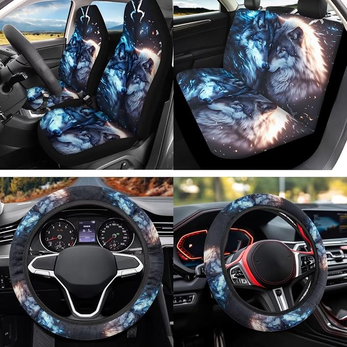 Cool Wolf 12 Pcs Car Seat Cover Set with Auto Steering Wheel Cover Armrest Cushion Cup Coasters Protector Seat Belt Covers,Automotive Interior Sets Universal Fit Most Cars SUV