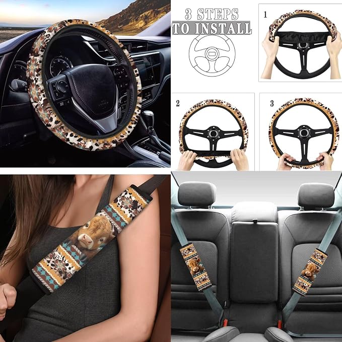 Tupalatus 9 Pcs Aztec Cow Cute Car Seat Covers with Steering Wheel Cover Auto Seat Belt Cover Coasters Gear Shift Cover Hand Brake Cover Car Accessories Set for Men Women
