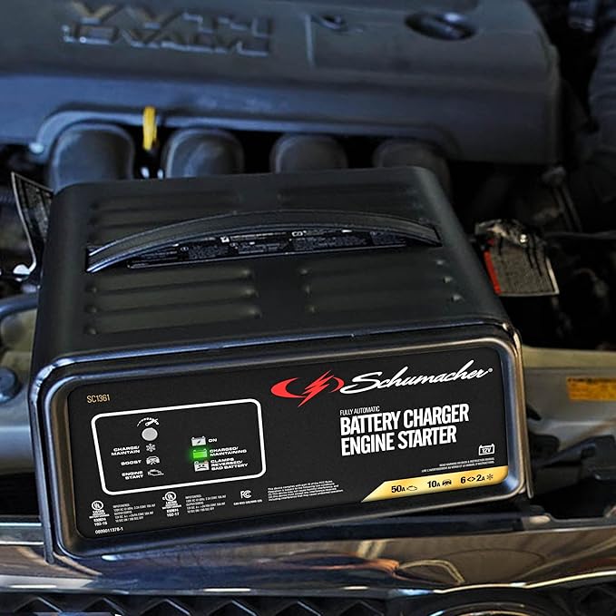 Schumacher Electric 6A Car Battery Charger and 50A Engine Starter, 4-in-1 Solution, Maintainer, 10A Boost, for 12V Power Sport, Automotive, and Marine Batteries, SC1361
