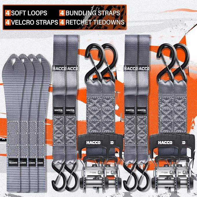 HACCOPLANET Ratchet Straps, 5280lb Break Strengeth, 1.6" Heavy Duty Ratchet Tie Down Strap Set w/Padded Handle, S Hook, Soft Loop for UTV Motorcycle Truck Cargo Straps (Grey, 16FT)