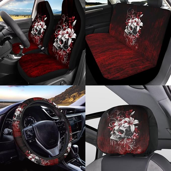 KEIAHUAN Gothic Skull Flower 11 Pcs Car Seat Cover Full Set Includes Shift Knob Handbrake Cover Steering Wheel Armrest Cover Headrest Covers Cup Coasters for Women
