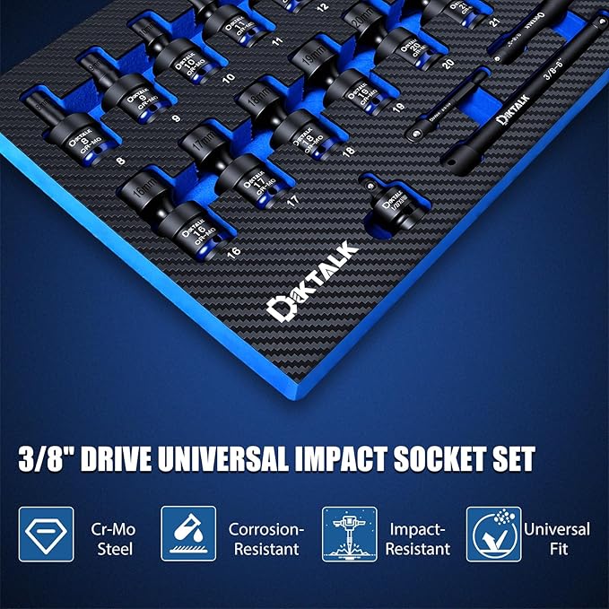 Professional 3/8" Drive Universal Impact Swivel Socket Set, 19-Piece Metric Wobble Socket Set (8-22mm) with Extensions Bars & Socket Adapters, Drill Bit Adapter, Cr-Mo Steel