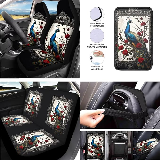Peacock 13 Pcs Car Seat Covers Full Set, Gothic Rose Peacock Feather Auto Front and Rear Bench Seat Protector, Garden Flower Bird Steering Wheel Sleeve Auto Armrest Cover