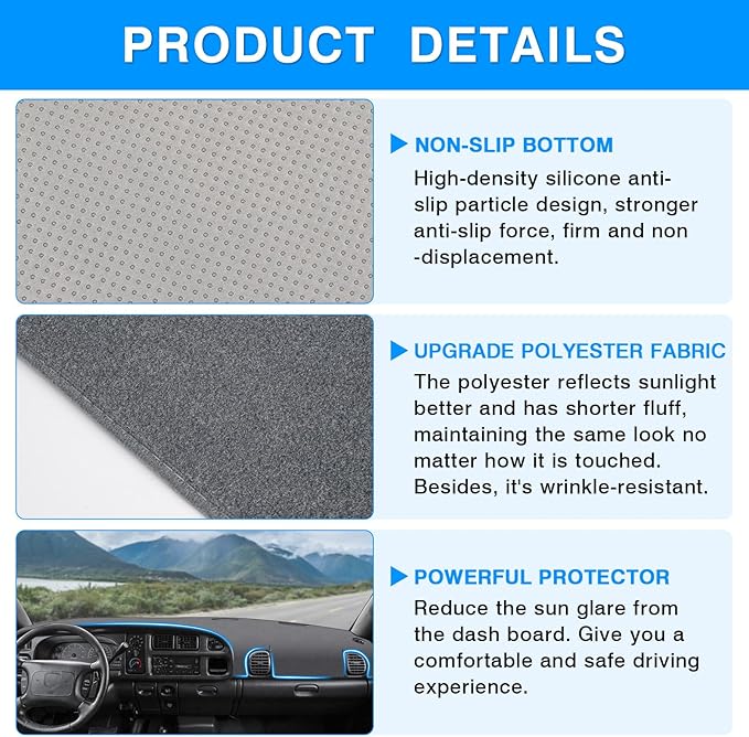 Autorder Gray Dashboard Cover Mat for Dodge Ram 1500 2500 3500 1998-2001 Accessories Dash Cover Upgrade Polyester Dash Mat Sunshade Glare UV Rays Protector