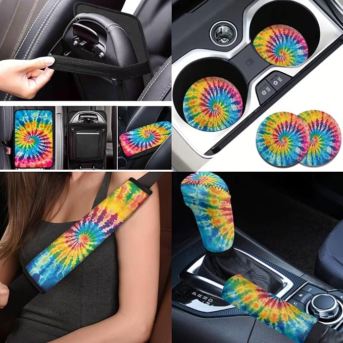 BIGCARJOB 12 Pack Tie Dye Print Car Seat Cover Set for Front and Rear,Hippie Tie Dye Print Car Interior Accessories Full Set Seat Belt Cover,Armrest Pads,Cup Holder Coaster