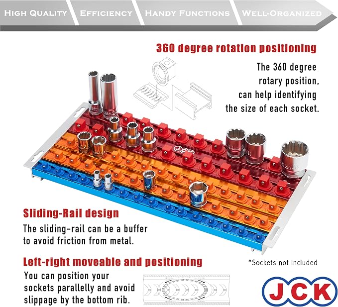 JCK Professional Quality Aluminum 3 Size of Socket Organizer Tray 5 rails | Holds 68 Sockets | 360° Rotary Positioning Studs, Moveable Secure, Socket Rack Kit,1/4 3/8 1/2 Socket Tray