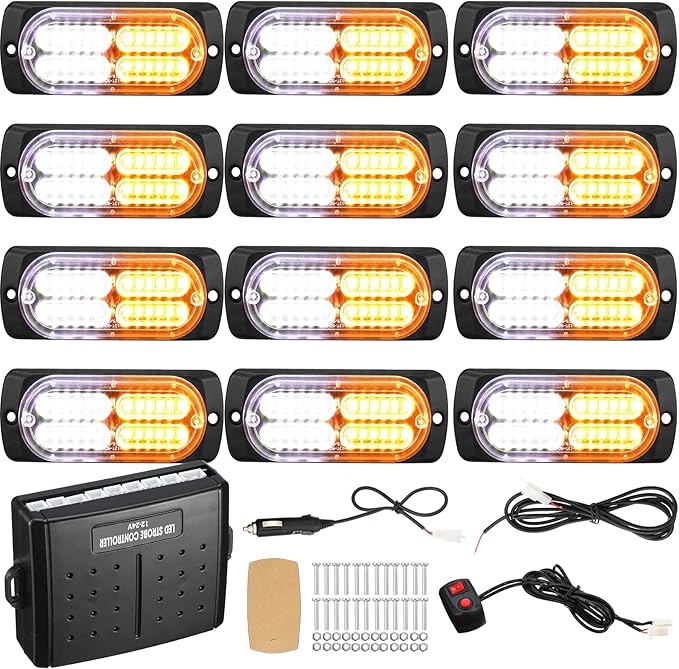 12 Pcs Emergency Lights for Vehicles Truck Flush Mount LED Emergency Lights with Control Box Wiring Hazard Warning Amber Strobe Lamp for Vehicle Truck Car Roadside