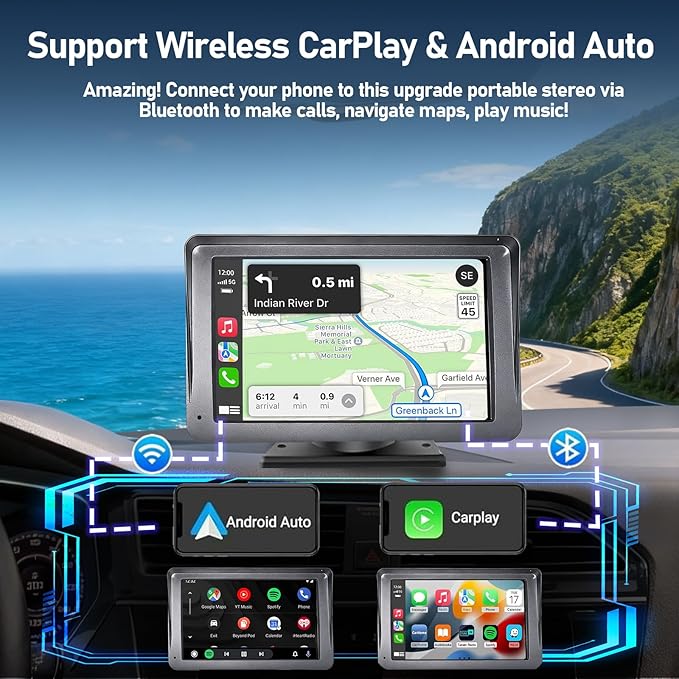 Portable Wireless Radio with Apple CarPlay and Android Auto Screen for Car, 7 Inch Anti-Glare Touchscreen Radio with Bluetooth Hands-Free/Navigation/Voice Control/AHD Backup Camera, for All Vehicles