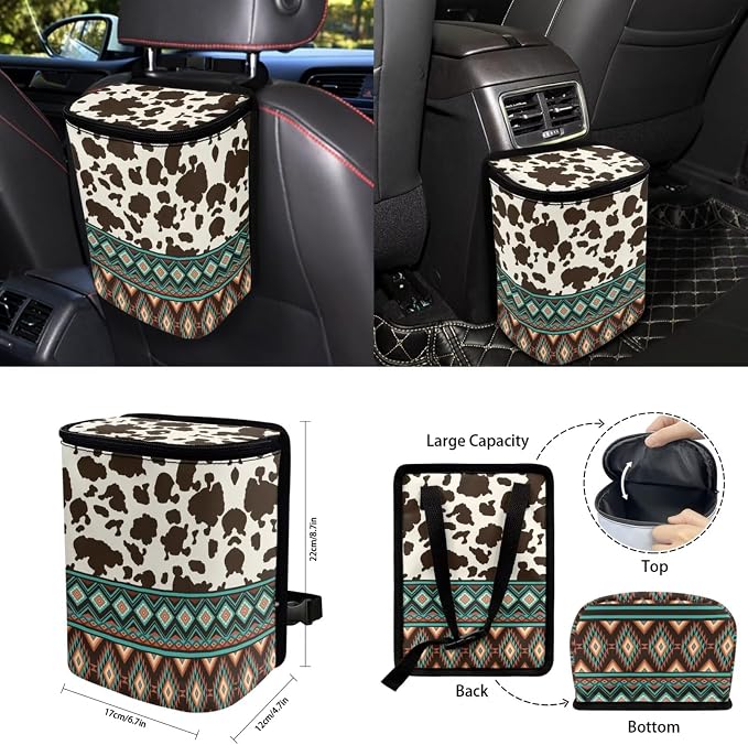 Aztec Brown Cow Print Car Seat Covers Set of 15 with Universal Steering Wheel Cover, Rearview Mirror Cover, Car Trash Can, Seatbelt Pads, Cup Holder Coasters, Keychains