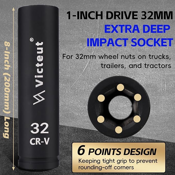 1-Inch Drive 32mm Extra Deep Impact Socket, 8-Inch (200mm) Long, 6-Point Truck & Trailer & Tractor Wheel Nut Socket, Heat Treated Cr-V Alloy Steel, One-Piece Forged, No Torque Loss