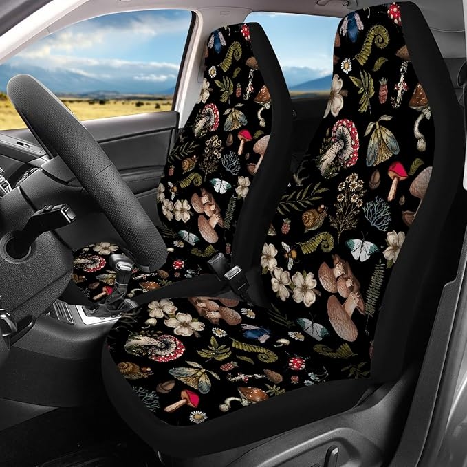 Butterfly Mushroom Car Seat Cover Full Set for Front Back,Seatbelt+KeychainsMushrooms Car Coaster15Inch Car Steering Wheel Cover,12PCS Hippie Mushroom Car Accessory Set for Women Men
