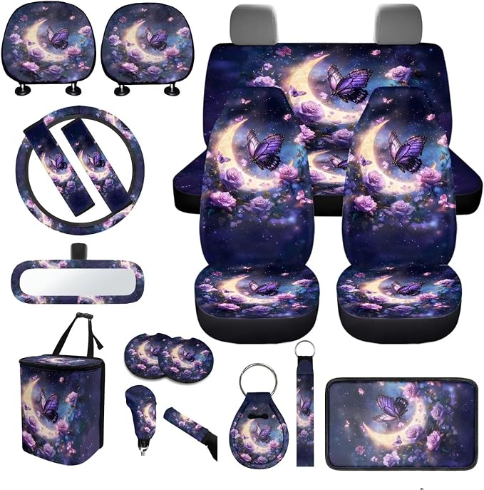 Butterfly Moon Car Accessories Full Set 18 Pieces Butterfly Flower Car Seat Covers Full Set Universal Car Seat Belt Pads Cover Car Headrest Covers Cup Coasters Keychain Car Trash Can