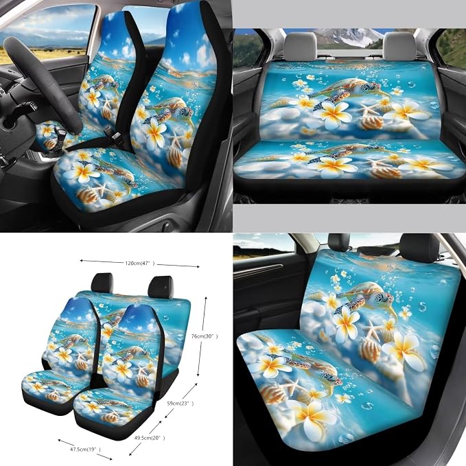 Sea Plumeria Starfish Shell Pattern Auto Accessories Set of 15, Car Seat Covers Steering Wheel Cover Seat Belt Cover Air Vent Storage Bag Keychain Trash Bin and Mirror Cover