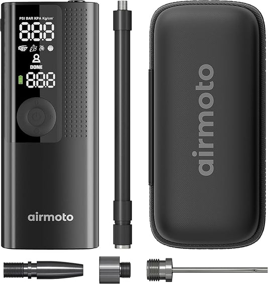 Airmoto and Carrying Case Bundle Deal - Tire Inflator Portable Air Compressor with Hard Case - Air Pump for Car Tires, Motorcycle, Bicycle - Cordless Tire Pump with Tire Pressure Gauge