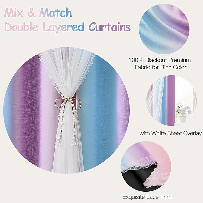 XiDi Kids Blackout Curtains with Sheer Overlay 84 Inches Long 2 Panels for Girls Bedroom Nursery Rainbow Pink Purple Blue Double Layer Curtains Unicorn Princess Theme Home Decor Grommet W34 x L84