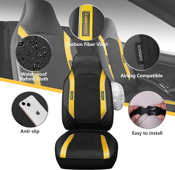 CAR PASS Sporty High Back 3D Oxford Waterproof Car Seat Cover Two Front, Universal Carbon Fiber Leather Bucket Seat Cover All Weather, Airbag Compatible Fit Sports Car SUV Sedan Truck Black Yellow