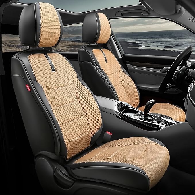 Auto Dynasty Car Seat Covers Full Set, Anti-Slip Automotive Interior Covers with Storage Pocket, Breathable Car Seat Protectors, Airbag Compatible, Universal Fit Most Vehicles, Beige (Sport Series)
