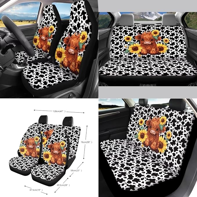 Highland Cattle Cow Sunflower Print 15pcs Car Accessories, Full Set Seat Covers, Streering Wheel Cover, Trash Bin, Seat Belt Pad, Keychain, Air Vent Bag, Coasters, for Most Van SUV Sedan