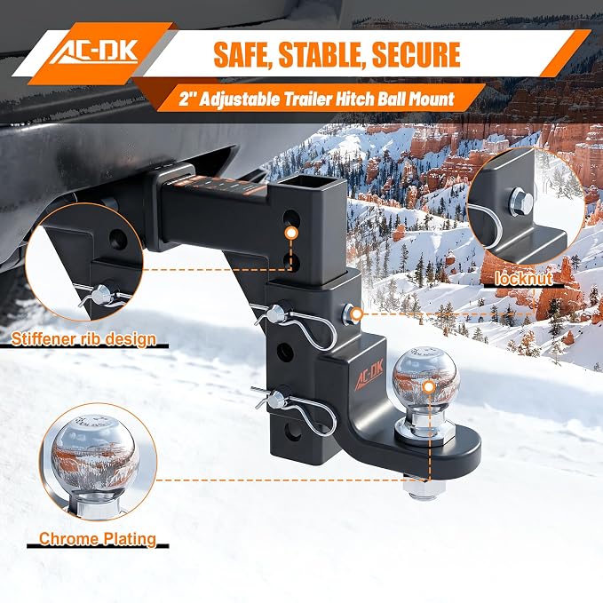 Adjustable Trailer Hitch for 2 inch Receiver,9-1/2" Drop & 8-1/4" Rise,Tow Hitch with 2 inch Ball,7500 LBS GTW/750 LBS TW, Includes 2 Pin&Clips and 5/8" Pin Lock