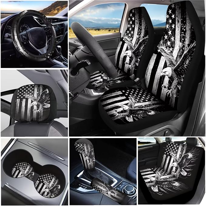 KEIAHUAN 11 Pcs Car Seat Covers Full Set with Stretchy Steering Wheel Cover/Coasters/Headrest Cover/Handbrake and Gear Shift Knob Cover, Easy to Install, Black American Flag Eagle