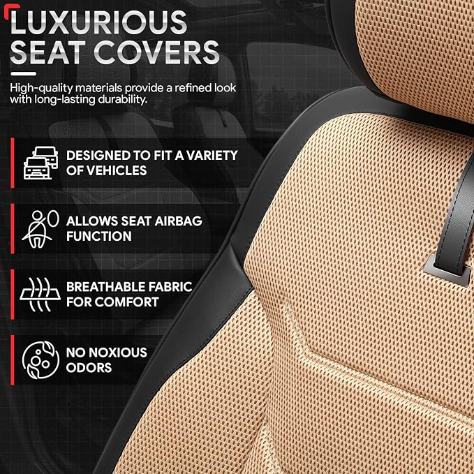 Sport Series Leatherette Front Row Set Seat Covers Universal for Cars Trucks SUV, Beige/Black, CA-SC-Sport-F-BE