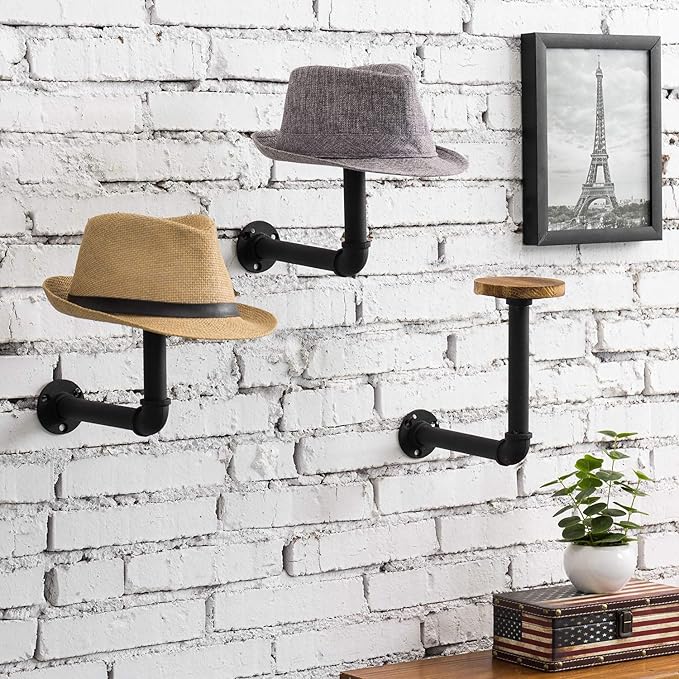 MyGift 3 Pcs Cowboy Hat Holder on Wall, Hat Rack Hooks, Wig Display Helmet Collection Organizer, Baseball Cap Hanger Entryway Bedroom, Realistic Black Metal Pipe Brown Wood