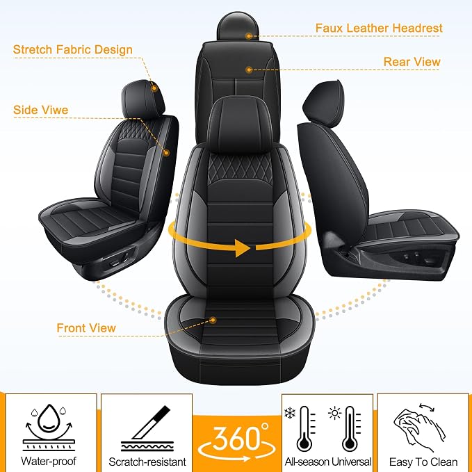IKABEVEM for Dodge Ram 1500 Seat Covers 2012-2024 2025 2026 | Ram 2500 3500 2012-2026 Seat Covers Seat Cushion Cover with Faux Leather(Flat Bench,Full Set,Black&Grey)