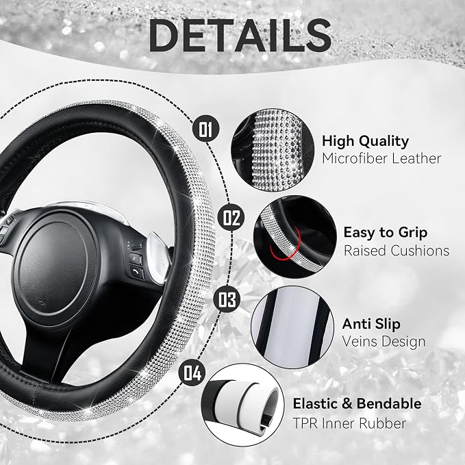 CAR PASS Diamond Bling Leather Seat Covers Set Car Floor Mats Glitter Rhinestone Steering Wheel and Car Interior Accessory Set for Women Silver