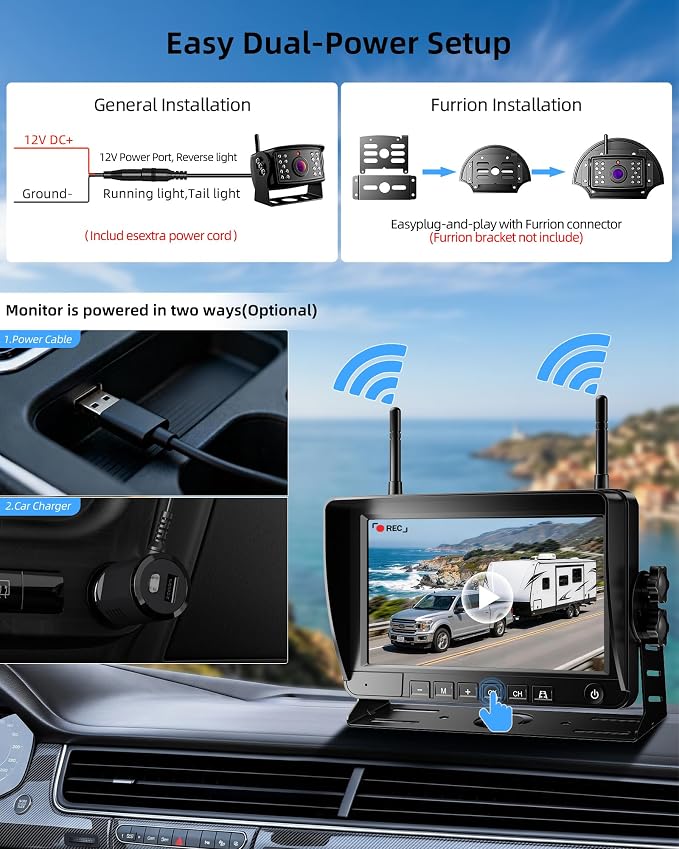 Wireless Backup Camera for Rvs, BSD Alert, AI Detection, 6X Zoom, 1080P | 320FT Stable Signal, 150° Wide View, 4-Channel Expandable, Furrion Ready, IP69K Metal Housing