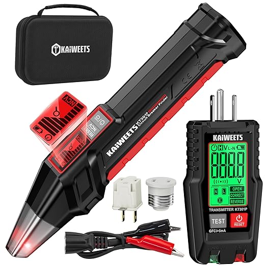 KAIWEETS Circuit Breaker Finder with LCD Display, GFCI Outlet Tester, Electrical Circuit Tracer Tool with NCV Test & Flashlight, Includes Carrying Case and Adapters- KT301P