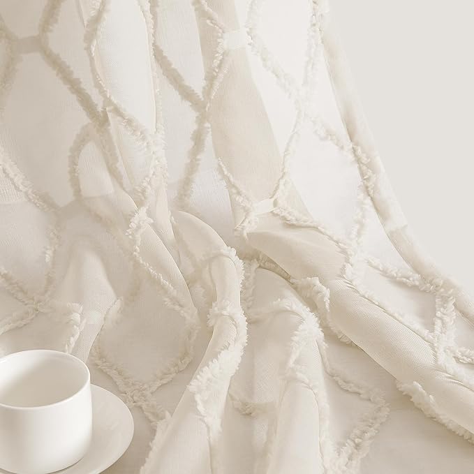 Beige Sheer Curtains 84 Inches Long for Living Room Rod Pocket Back Tab Sand Taupe Tan Semi Sheer Curtain Geometric Embroidered Tuft Pom Textured Drapes Earth Tone Farmhouse Rustic Bedroom Nursery