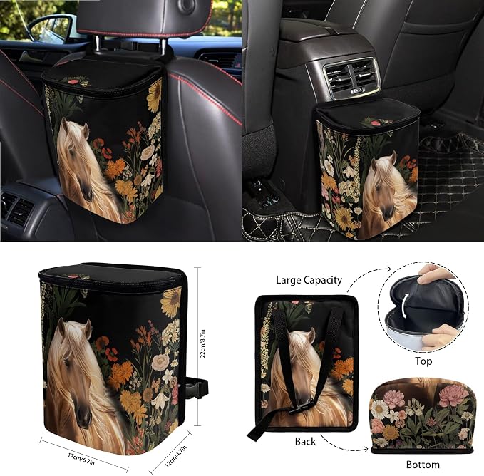 Horse Floral Print 15 PCS Car Front Back Seat Covers Set, Steering Wheel Cover Seatbelt Strap Pad Trash Cans Rear View Mirror Cover Air Vent Storage Bag Cup Coasters Keychain Universal Fit