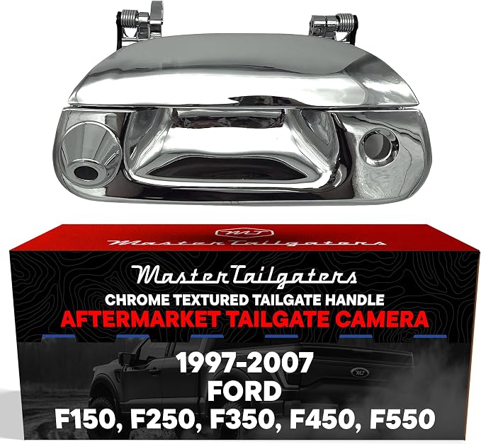 Master Tailgaters Chrome Tailgate Handle with Backup Camera Replacement for Ford F150 F250 F350 F450 F550 (1997-2007) | IP68 Waterproof | Parking Grid Lines Available | Easy to Install