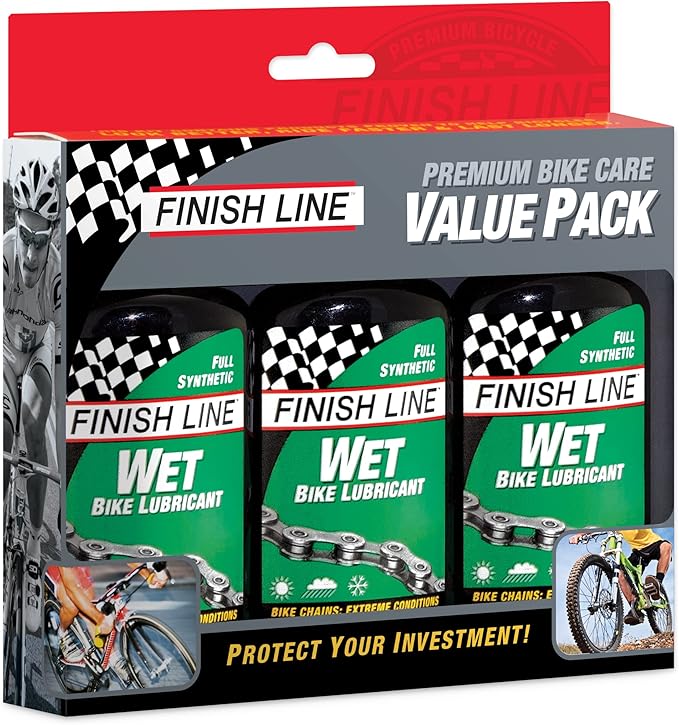 Finish Line Wet Bicycle Chain Lube – Long-Lasting Wet Style Lubricant for Road, Mountain, and Gravel Bikes – Reduces Friction and Repels Water – 4oz Drip Bottle Pack of 3