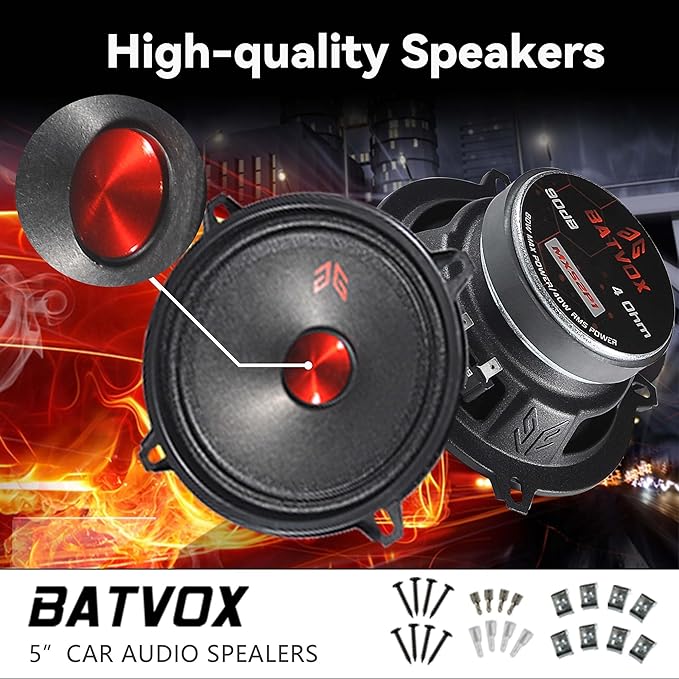 MX52P1 Loudspeaker 5 Inch Midrange 160 Watts 4 Ohms Red Dust Cap, Premium Quality Audio Door Speakers for Car or Truck Stereo Sound System, Black (2 Speakers)