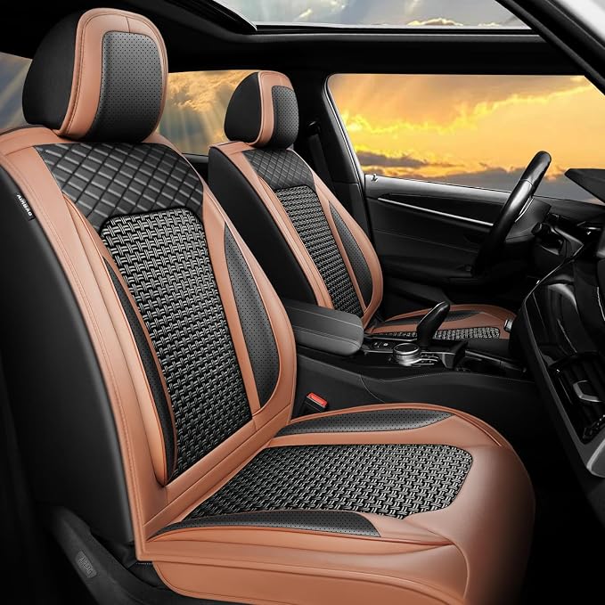 Fit HRV Ice Silk Cooling Car Seat Covers for Honda HRV 2018-2025 2026, Breathable Seat Protector, Anti-Slip & Scratch-Resistant，Sweatproof Auto Cushion Covers（5 Seats, Brown）