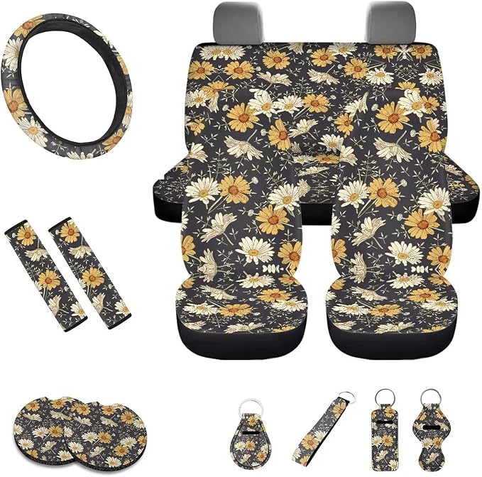 13 Pack Car Accessories Cottagecore Daisy Flower Car Seat Covers Universal Fit,Steering Wheel Covers,Seat Belt Pads,Lipstick Holder,Coaster,Keychain Auto Interior Protector for Women