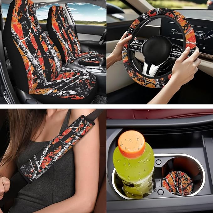Bulopur Orange Hunting Camo Automotive Seat Covers Front and Backseat with Matching Steering Wheel Cover Auto Center Console Cover Car Seatbelt Pads Headrest Covers 14 Piece Vehicle Interior Set